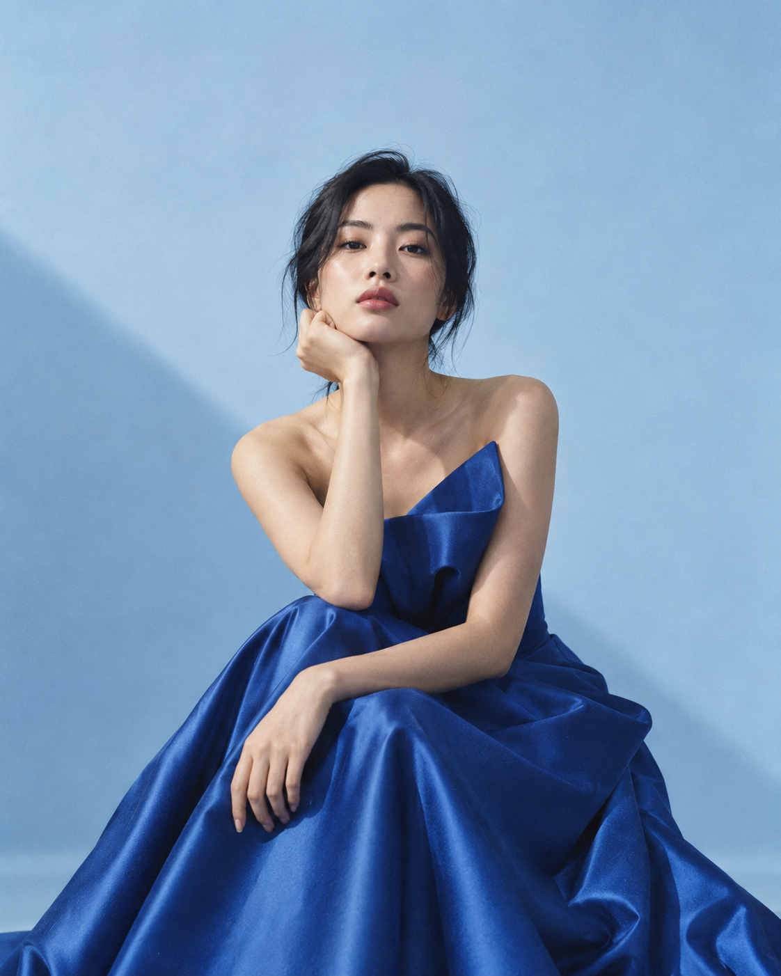 A model in a blue satin dress against a blue studio backdrop